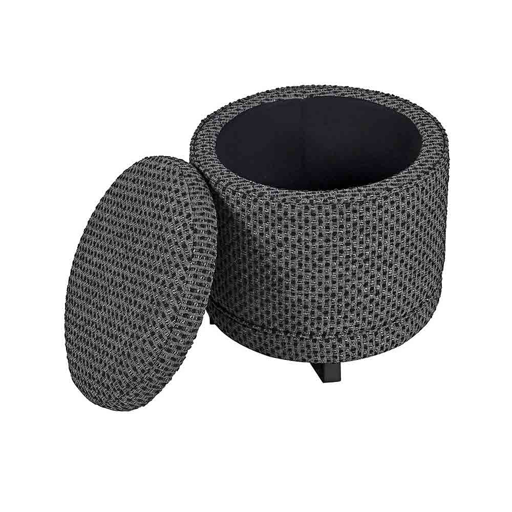 A round upholstered storage ottoman with a textured dark grey and black woven pattern, shown with its lid propped open to reveal a black-lined interior.