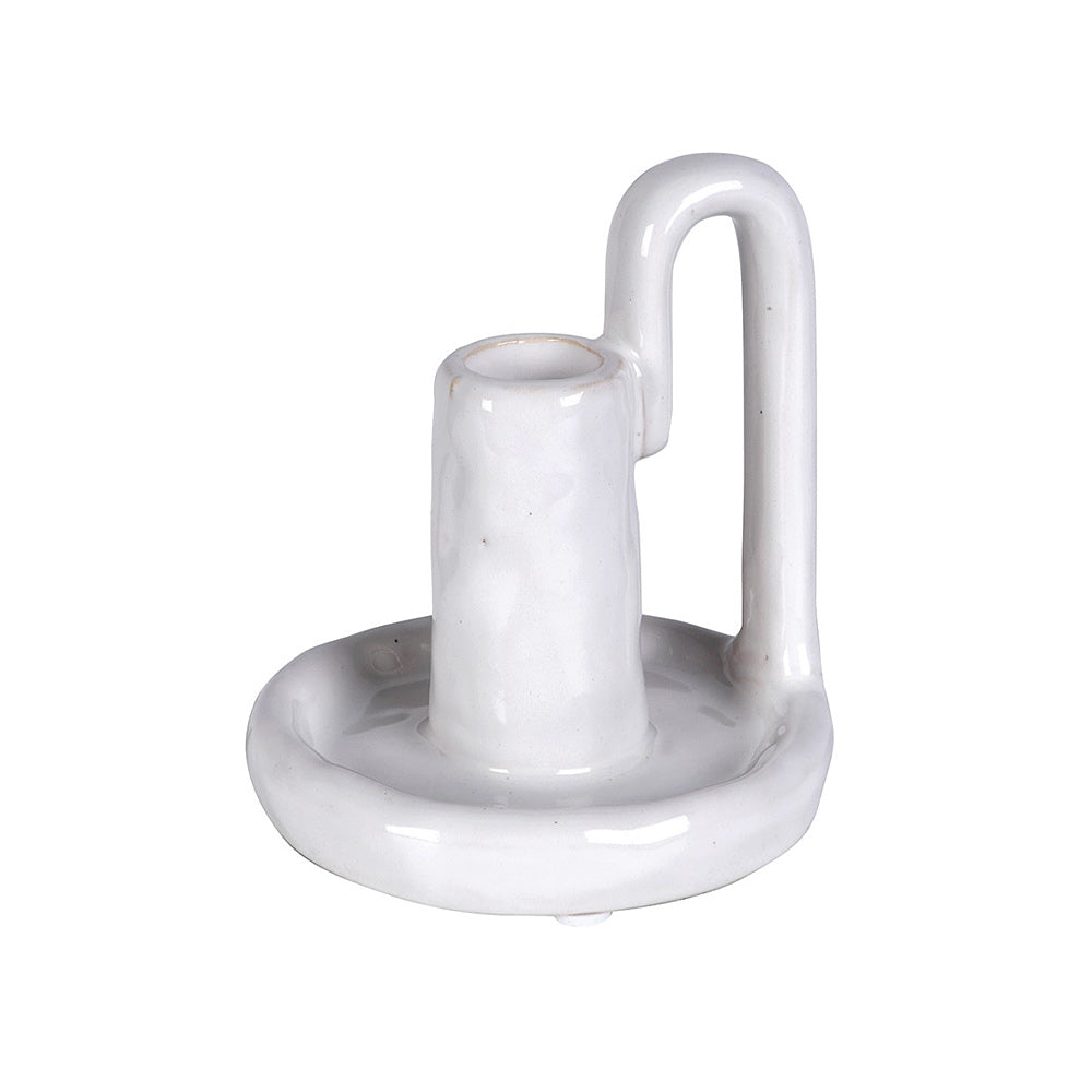 Rustic White Ceramic Candlestick with curved , looped handle on white background