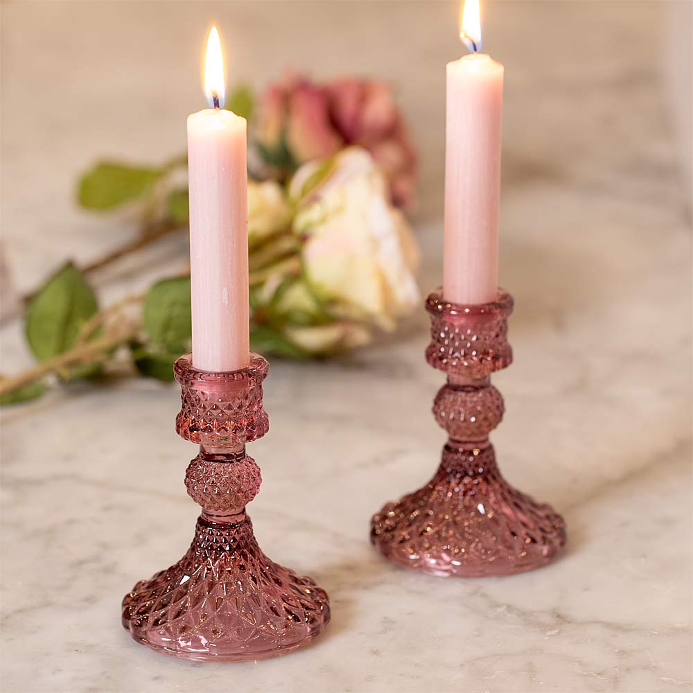 Short Diamond Cut Glass Candlestick - Amethyst Pink