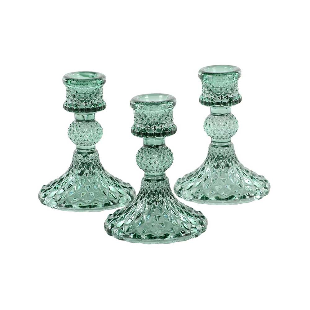 Short Diamond Cut Glass Candlestick - Green