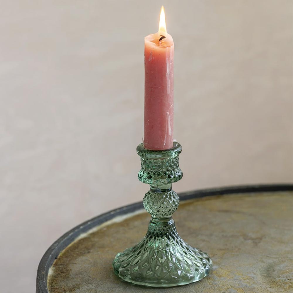 Short Diamond Cut Glass Candlestick - Green