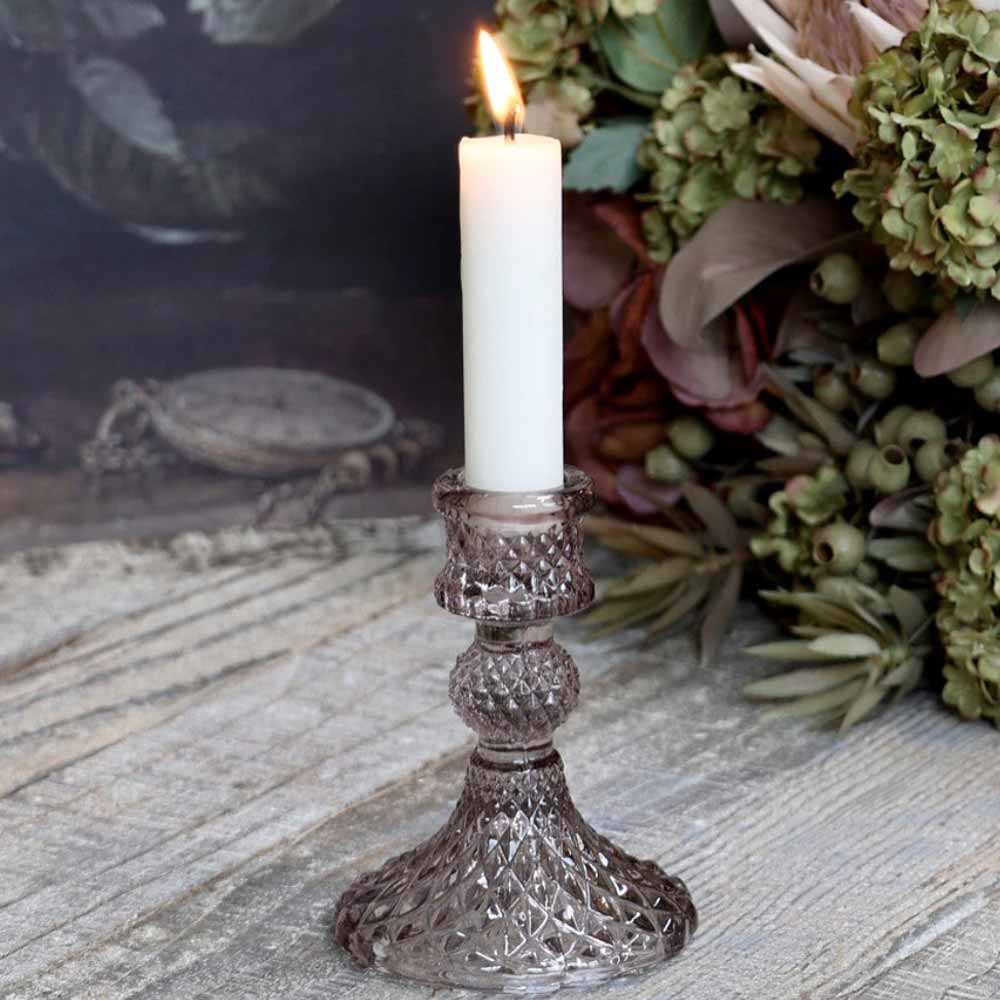 Short Diamond Cut Glass Candlestick - Taupe