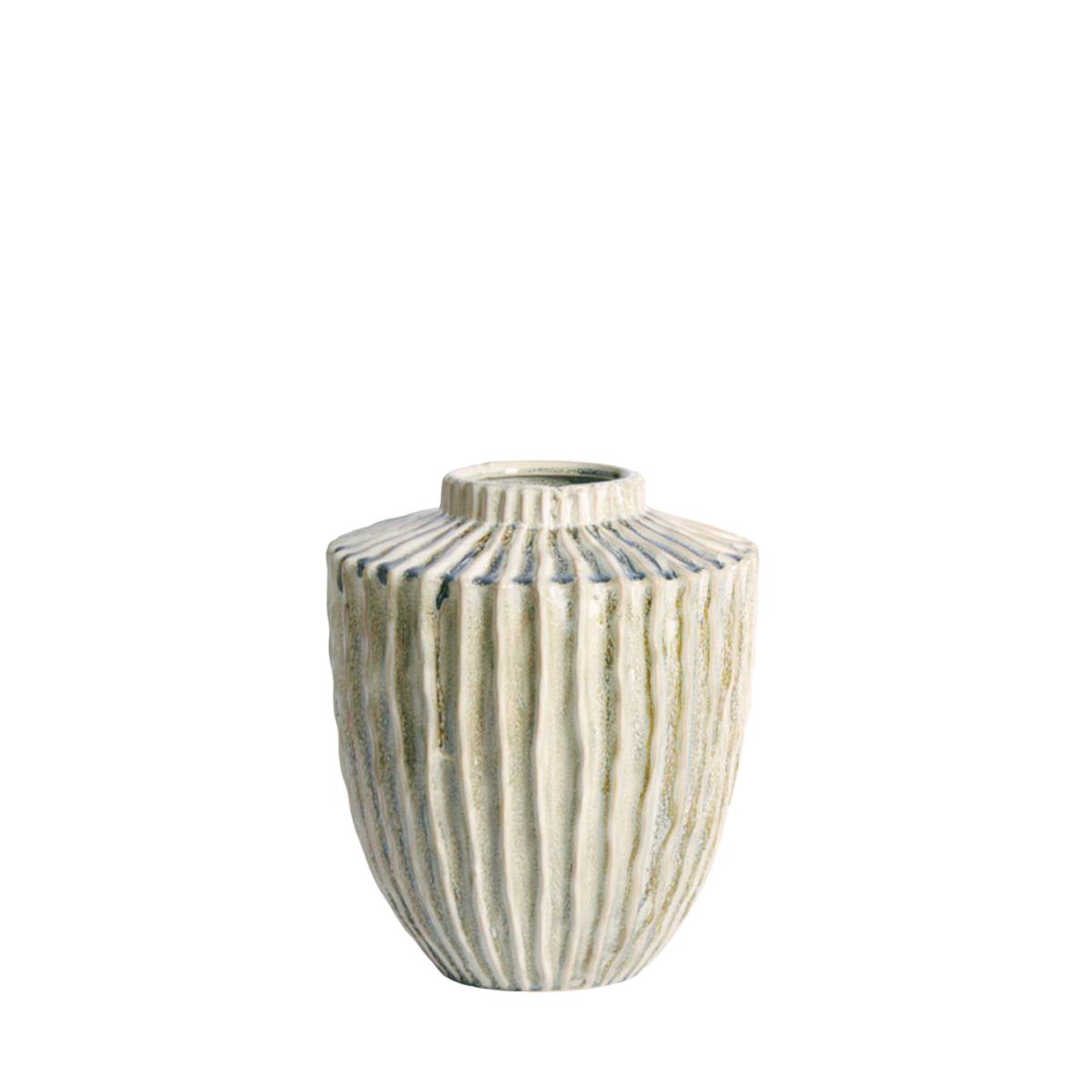 Short Decorative Talea Green and Cream Vase with ribbed texture on a white background