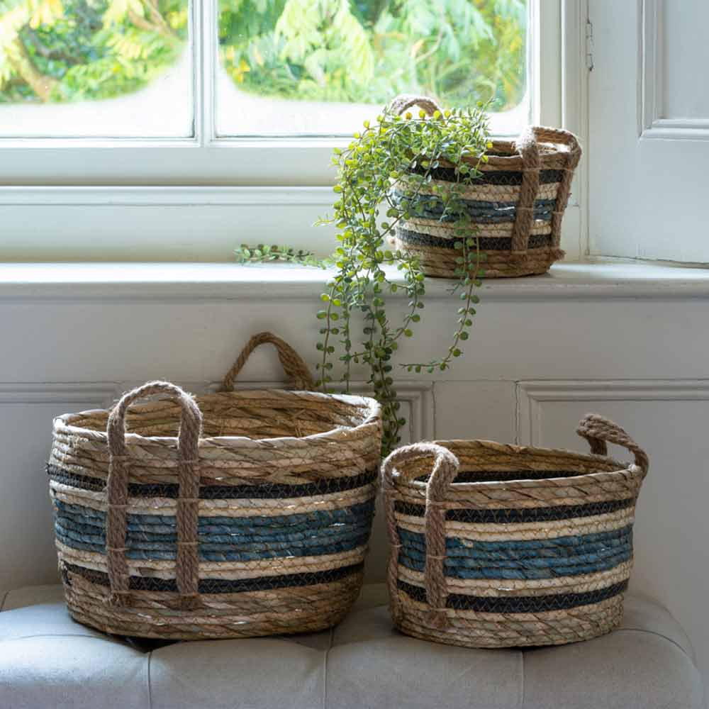 Straw and Corn Baskets with Blue Stripe