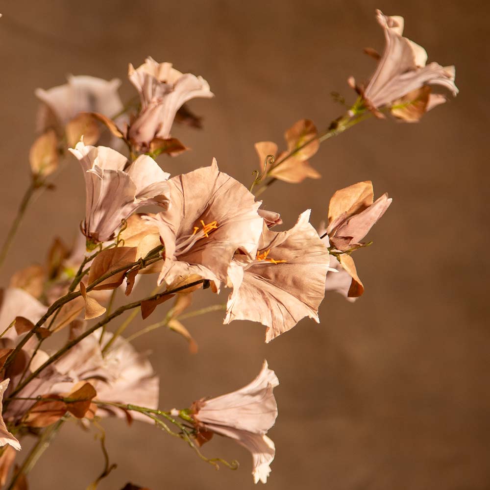 Artificial dusky  pink and beige flowers on a brown background.