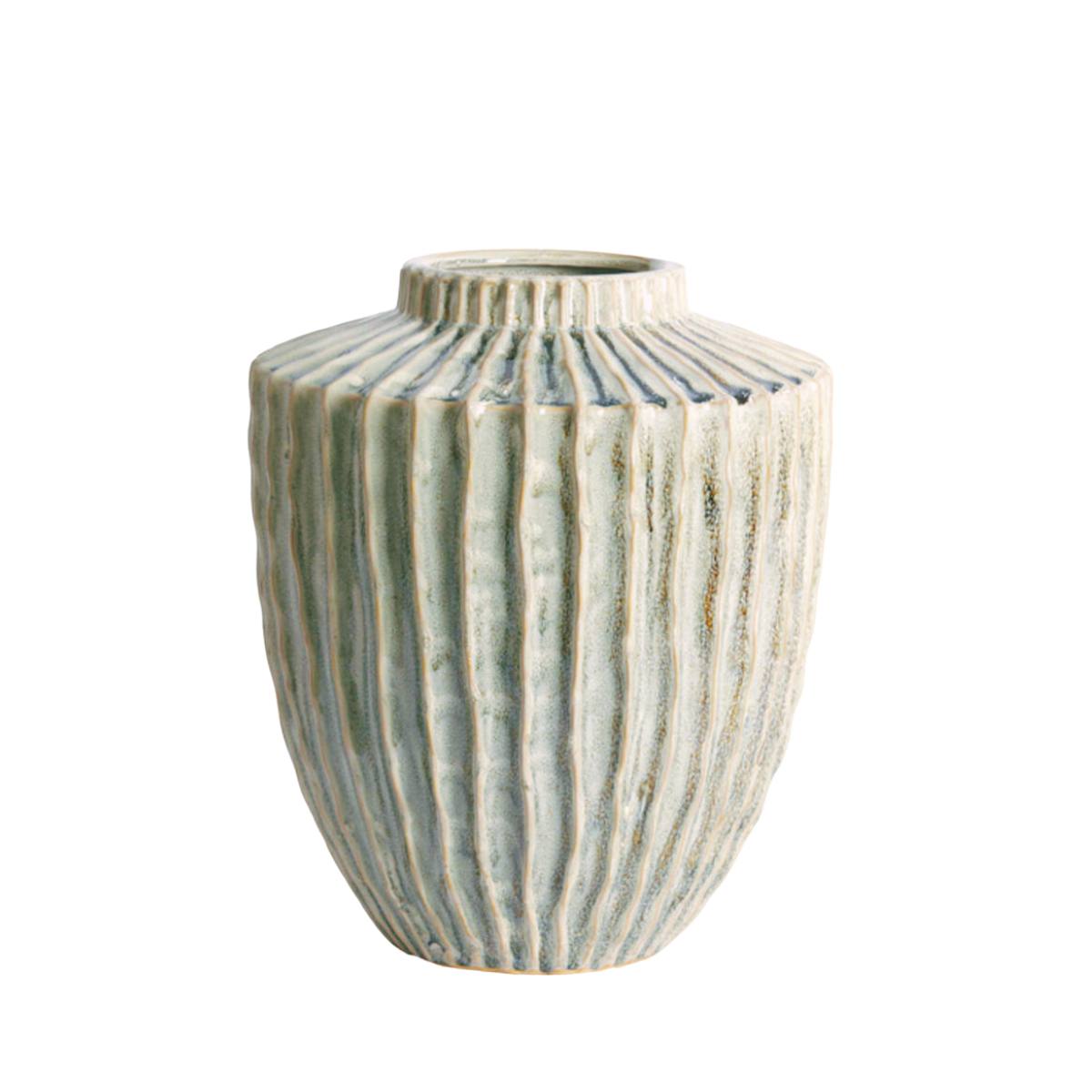 Tall Decorative Talea Green and Cream Vase with ribbed texture on a white background