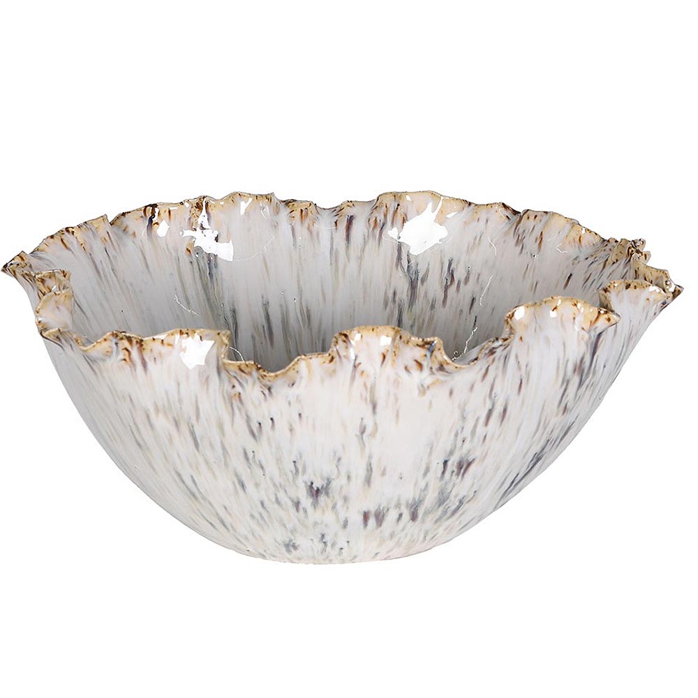 A decorative ceramic bowl with a fluted, ruffled rim, featuring a textured speckled pattern in cream, grey, and brown with metallic gold accents along the edge.