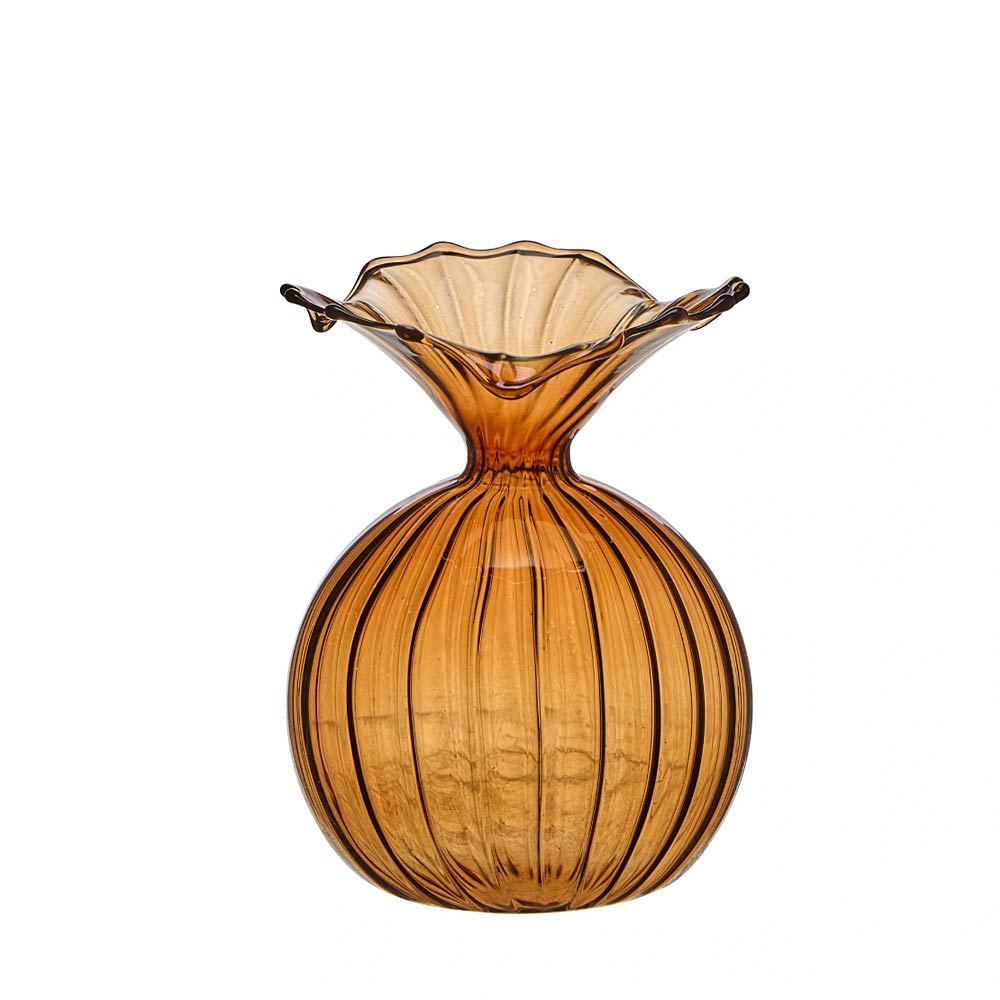 An amber-colored ribbed glass bud vase with a flared, scalloped rim, shown against a plain white background.