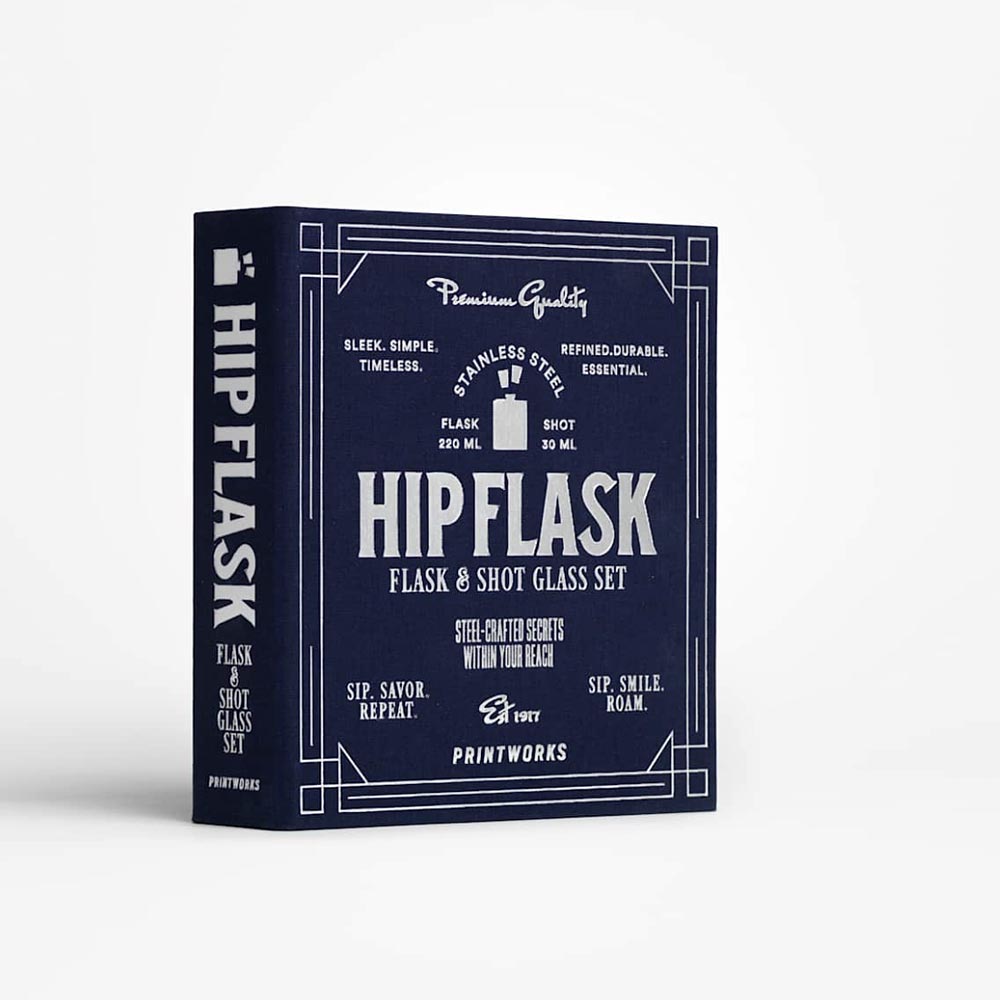 The Essentials - Quality Hip Flask and shot Gift Set in Dark Blue Book Style Box on a white background
