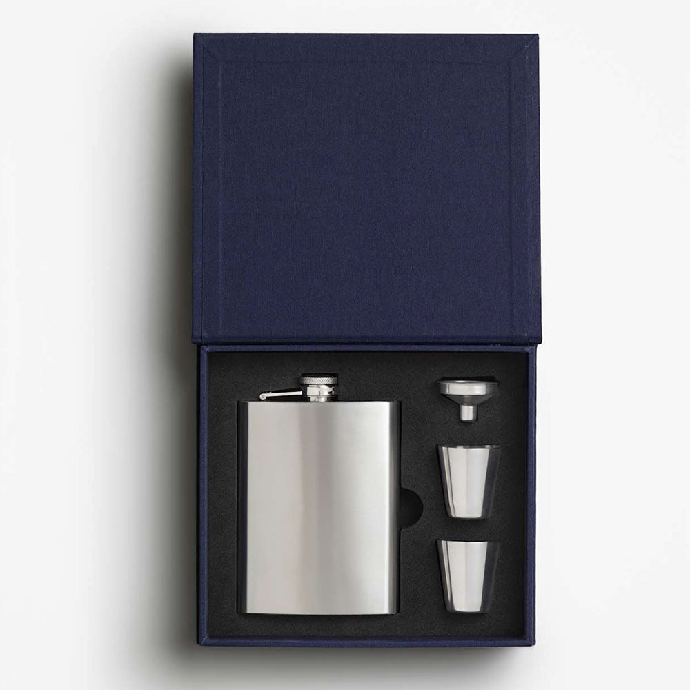 The Essentials - Quality Hip Flask and shot Gift Set in Dark Blue Book Style Box shown open on a white background