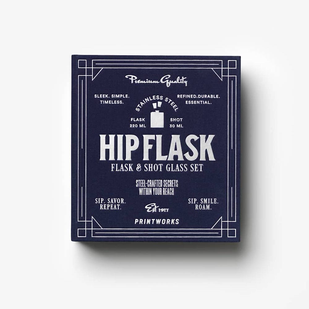 Box  containing The Essentials - Hip Flask and Shot Glass Gift Set in Dark Blue on a white background