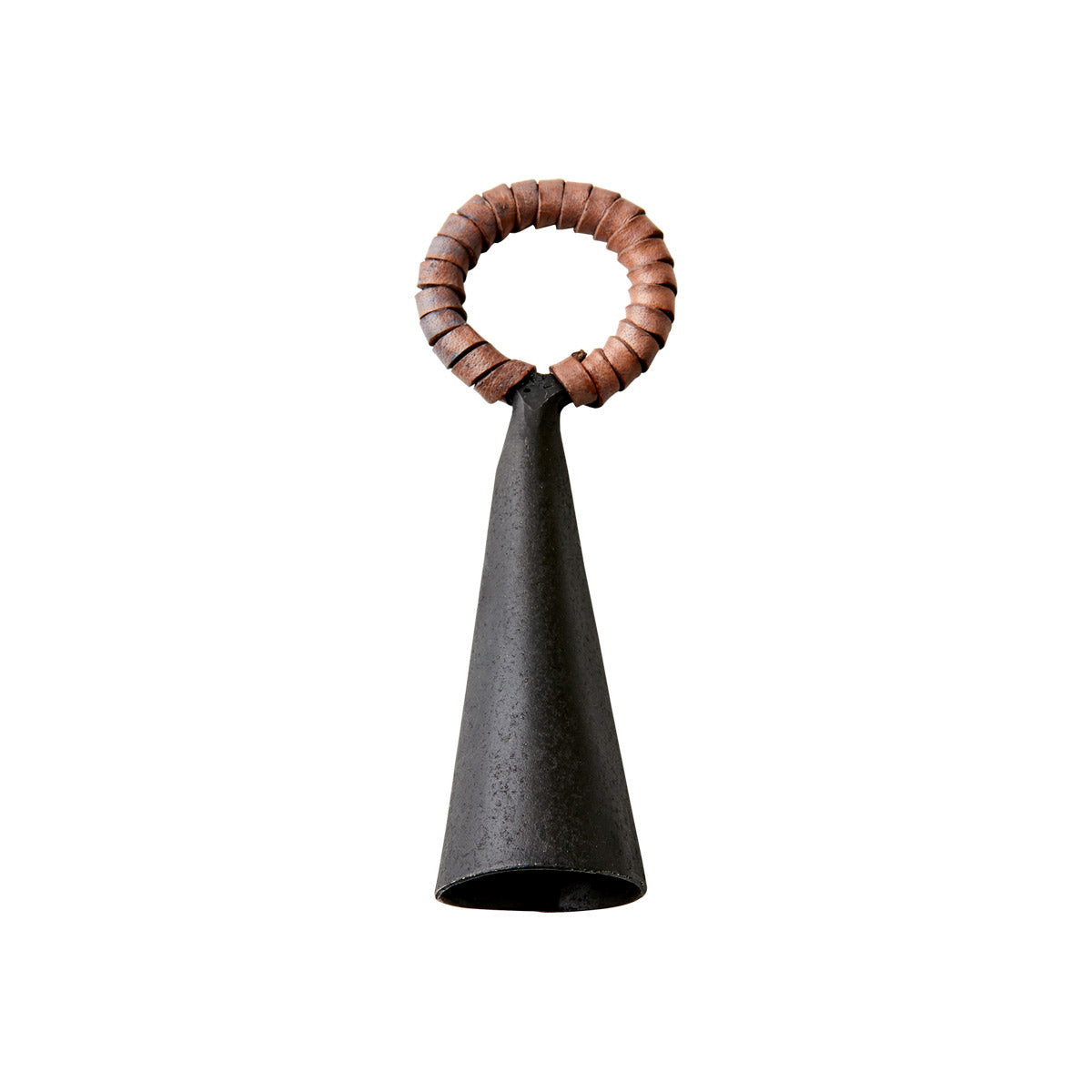 Handmade black metal candle snuffer with a natural leather-wrapped handle.