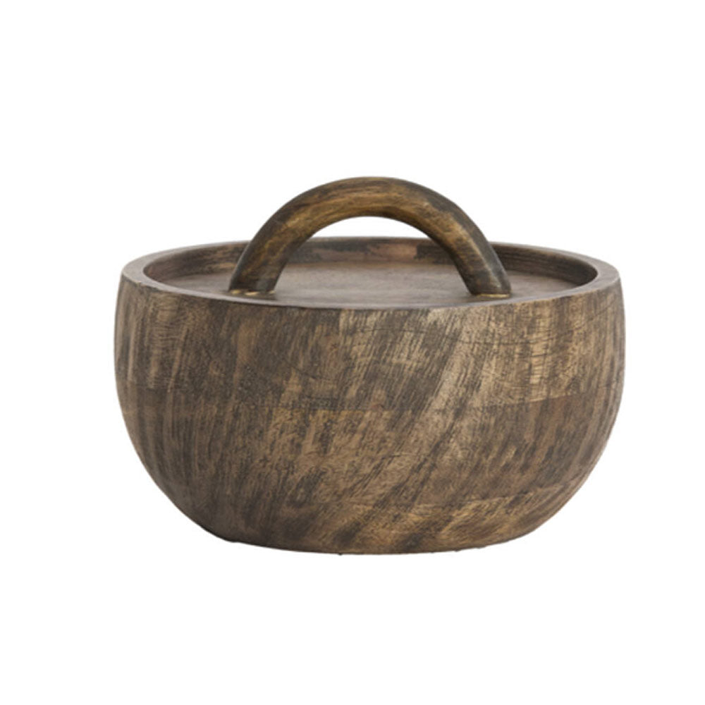 A round wooden bowl with a matching lid and a curved wooden handle, shown on a plain white background.