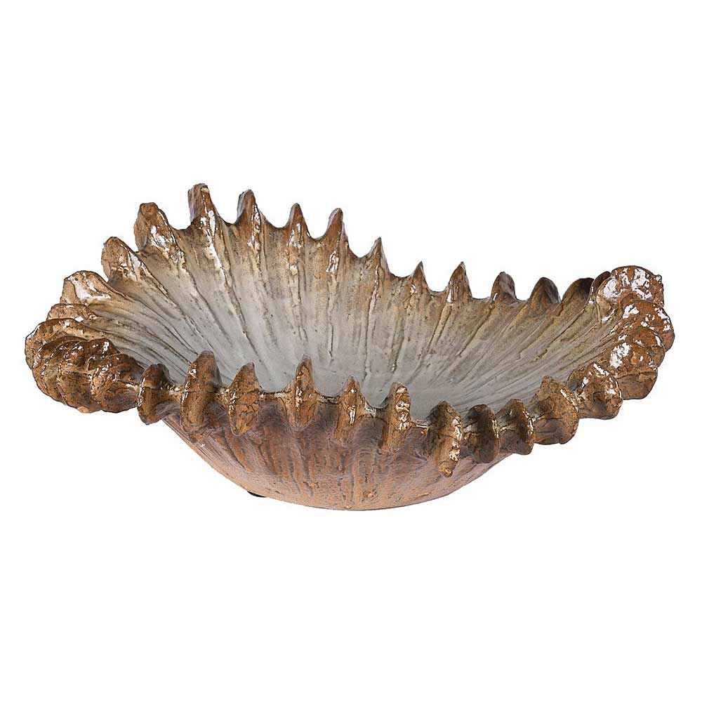 A rustic decorative bowl with a textured, shell-like exterior and a ribbed interior, shown on a plain white background.