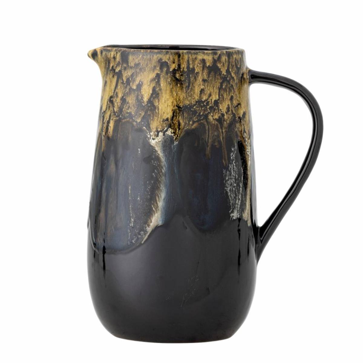 Black Wyatt Brown Stoneware with gold reactive glaze on the pitcher on a white background