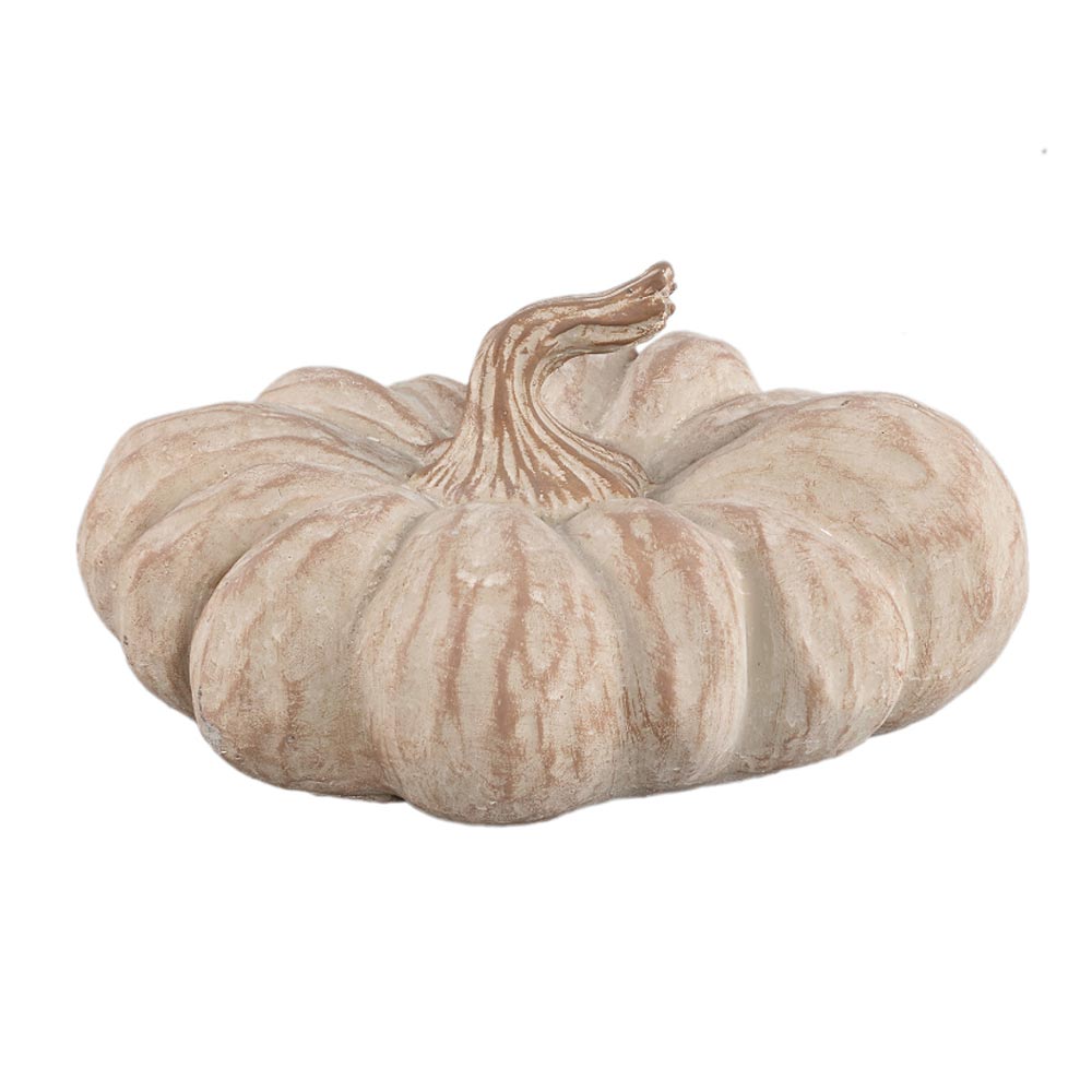 A decorative faux pumpkin sculpture with a textured, ribbed surface in a warm beige colour palette, featuring a realistic stem on top, set against a plain white background.