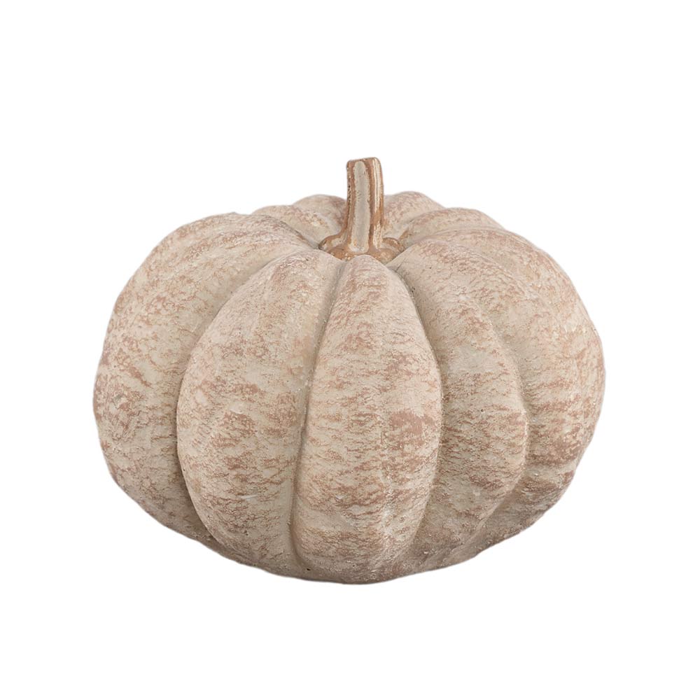 A decorative faux pumpkin in a textured, distressed off-white and beige color, featuring realistic ribbed contours and a short stem, isolated on a white background.
