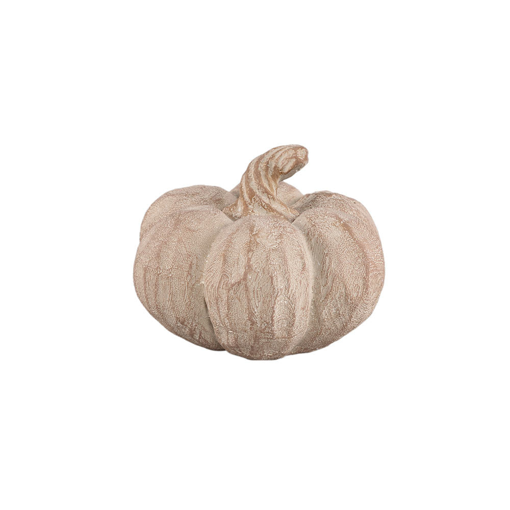 A decorative faux pumpkin ornament with a textured, ribbed surface in a warm beige and light brown color, isolated on a white background.