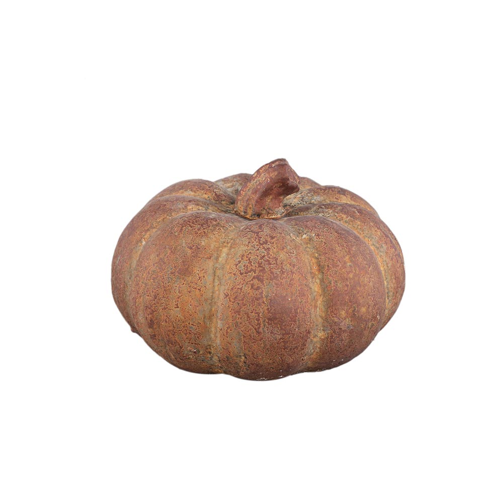A decorative faux pumpkin with a textured, weathered brown and rust-orange surface, isolated on a white background.