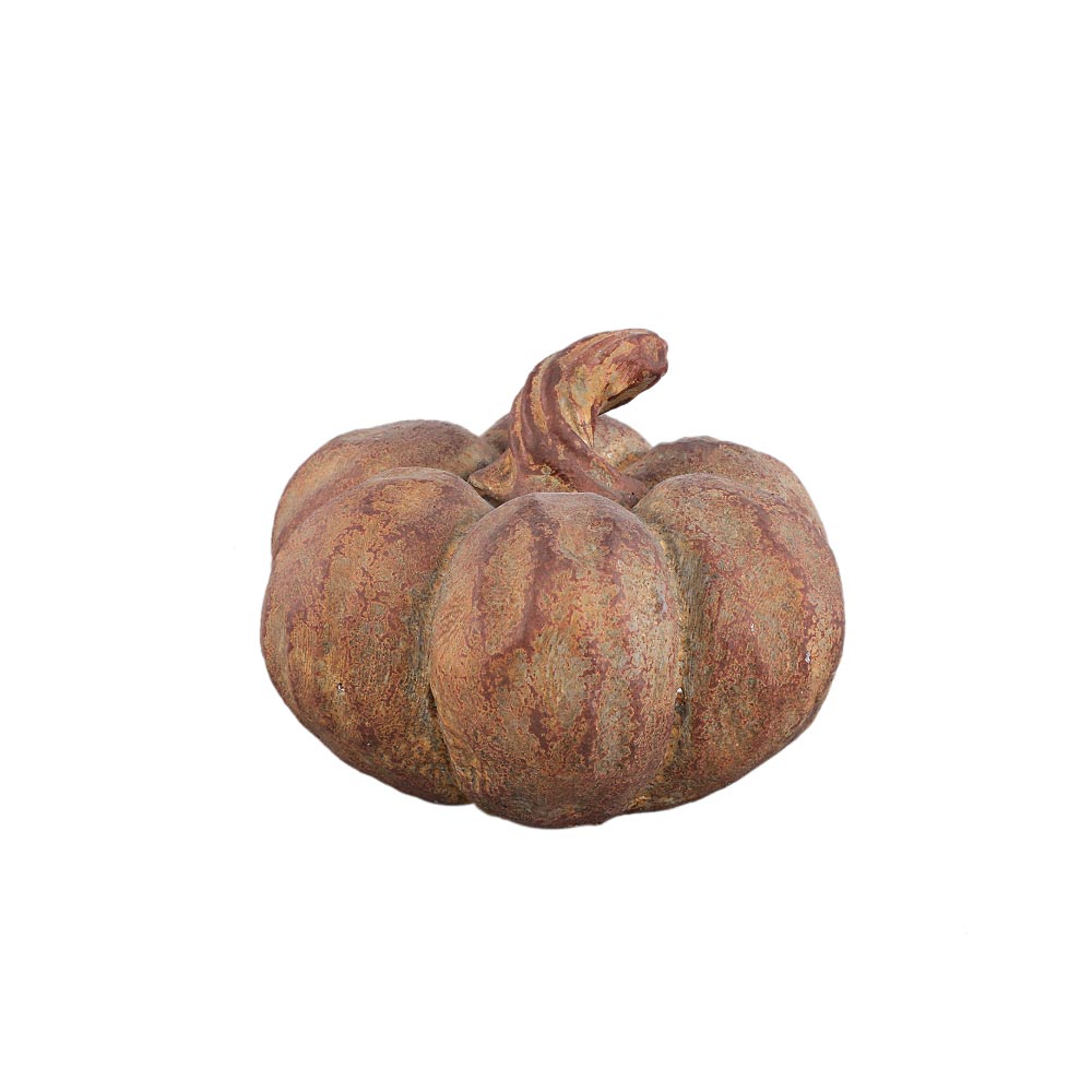 A decorative faux pumpkin ornament with a textured, rustic finish in earthy brown and muted orange tones, isolated on a white background.