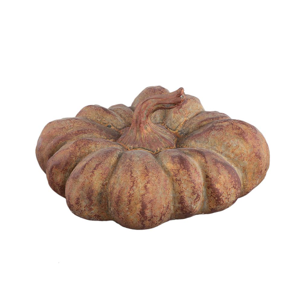 A decorative faux pumpkin sculpted  with a textured, rustic finish in earthy brown, beige, and muted tones, isolated on a white background.