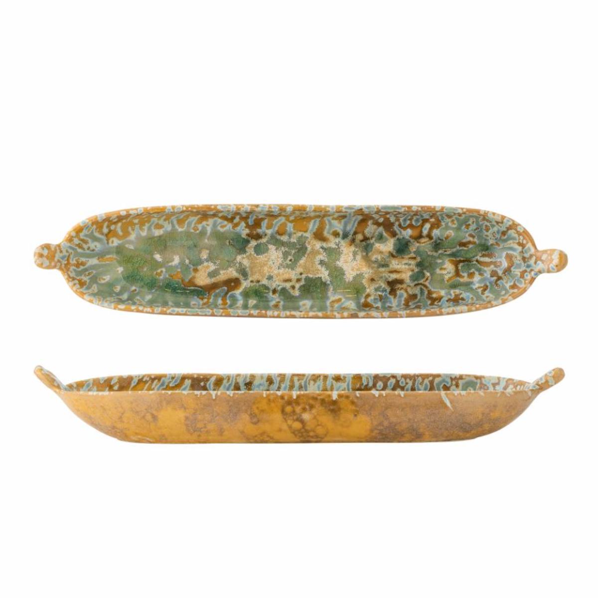 Milani Shallow Serving Dish - green and gold reactive glaze - Top and side view on white background