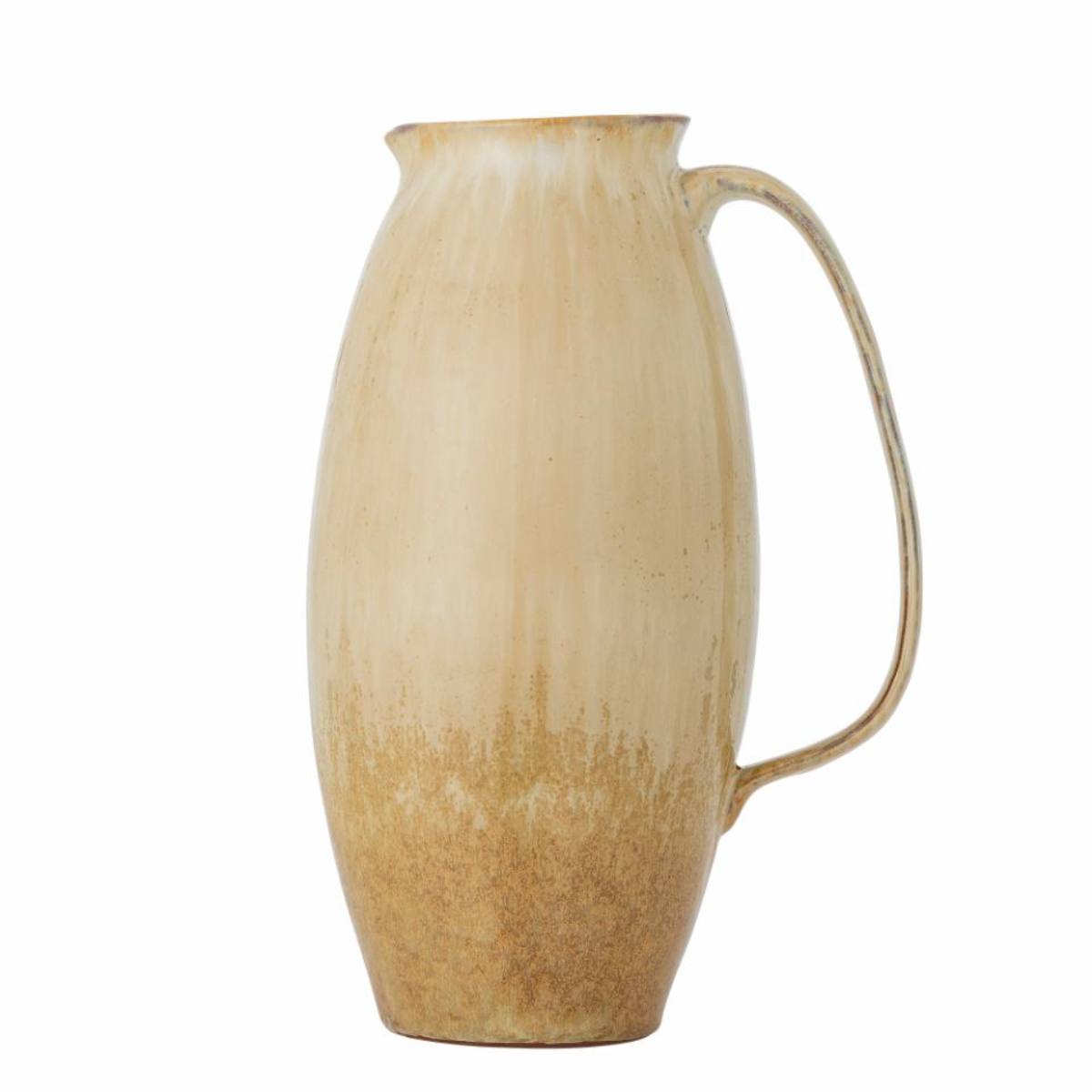 Saskia stoneware jug with golden reactive glaze and curved handle