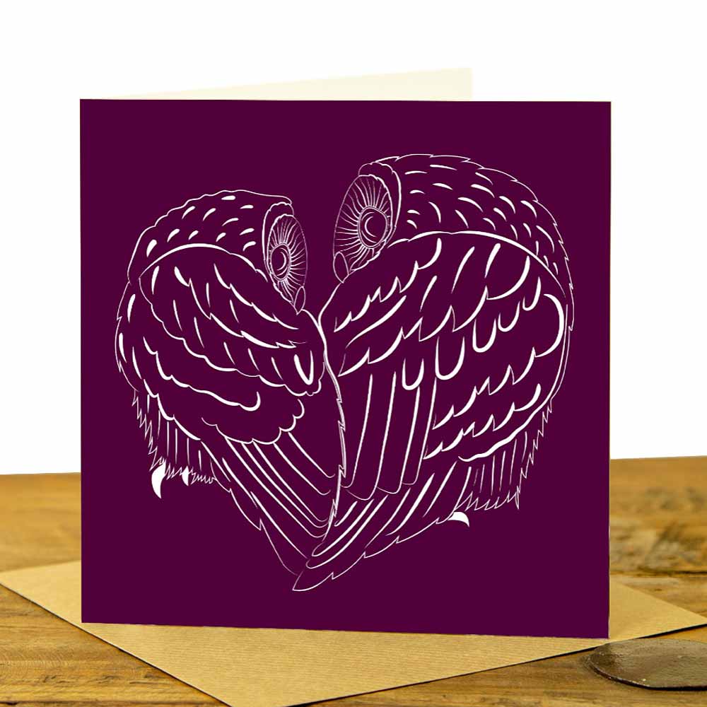 Tawny Owl Love Heart Card - Claret