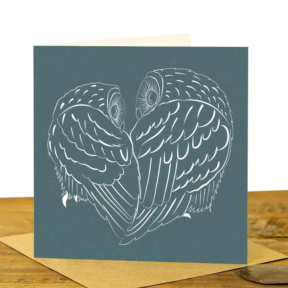 Tawny Owl Love Heart Card - Dusk Green